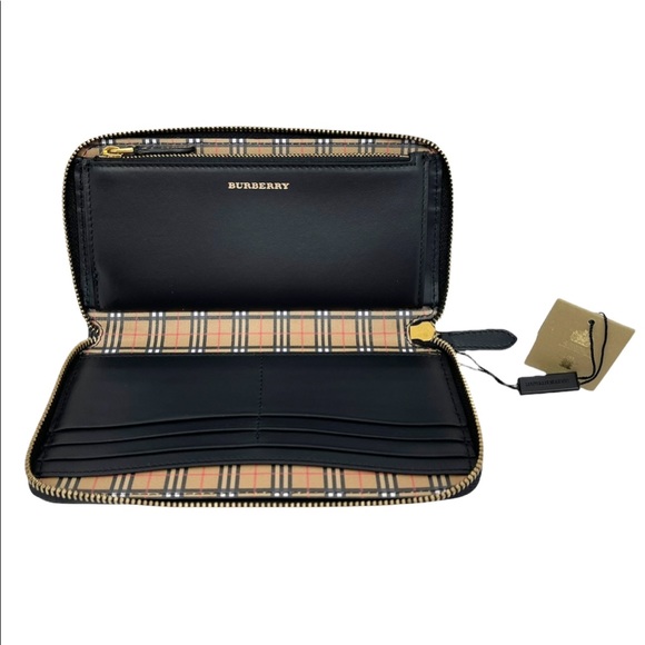 Burberry New Black Check Signature Large Zip Around Logo Leather Wallet - Picture 6 of 13